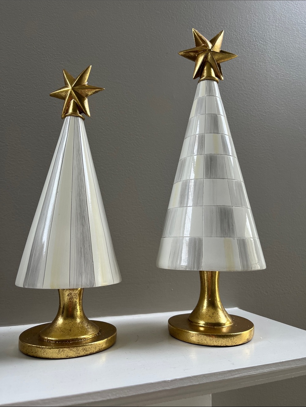 MacKenzie-Childs White, gray & Gold Tapered Holiday Tree Pair!  Beautiful set.
